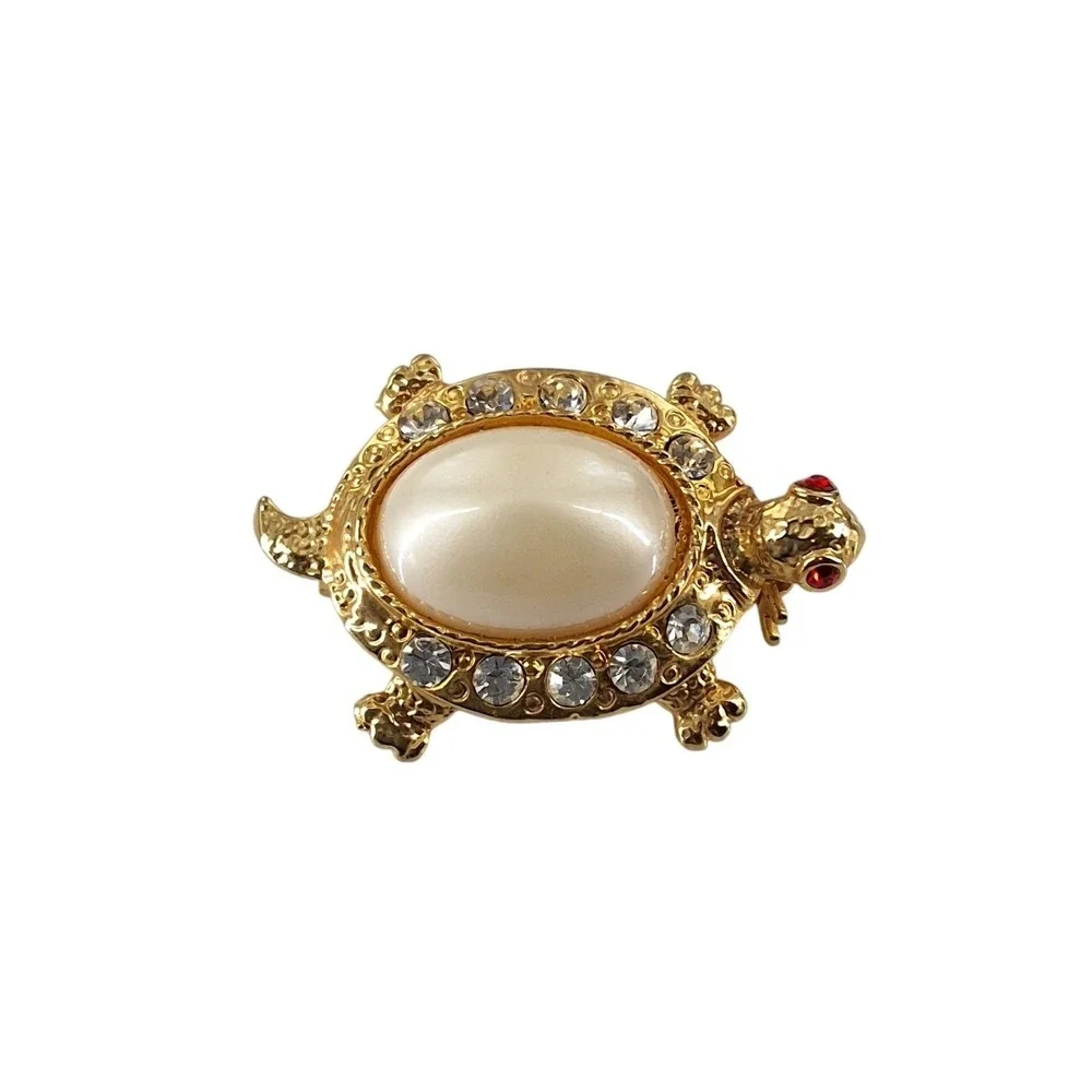 Vintage Gold Tone Turtle Brooch Faux Pearl‎ Rhinestone Shell Red Eyes Pin